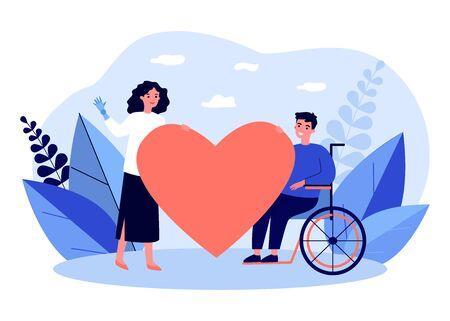 Herz in Mitte, links und rechts zwei Personen, eine im Rollstuhl